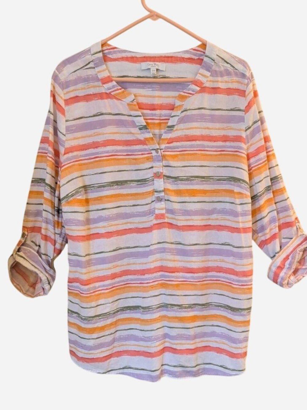 Coral Bay Woman Pastel Striped Linen Blend Henley Top Size 2XL | Roll-Tab Sleeve